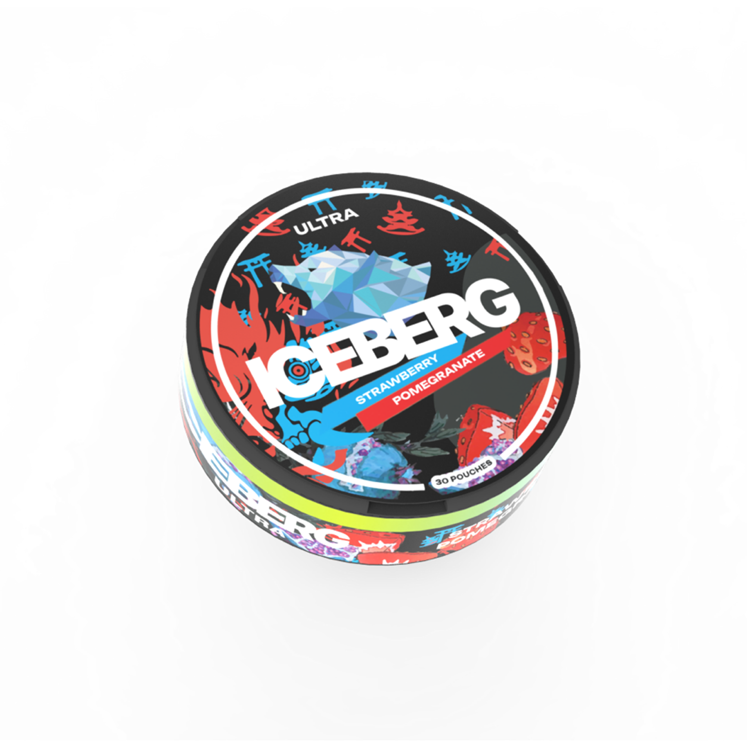 Iceberg Strawberry Pomegranate nicotine pouches 35mg per pouch 50mg per can featuring strawberry and pomegranate flavour