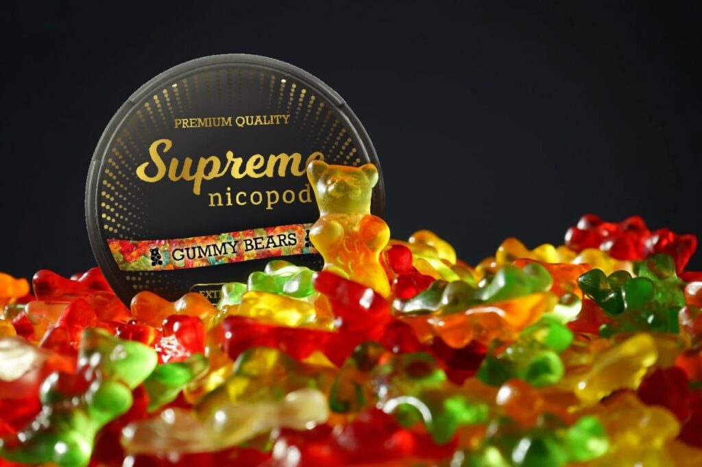 Supreme gummy bears nicotine pouches snus nicopods the pod block