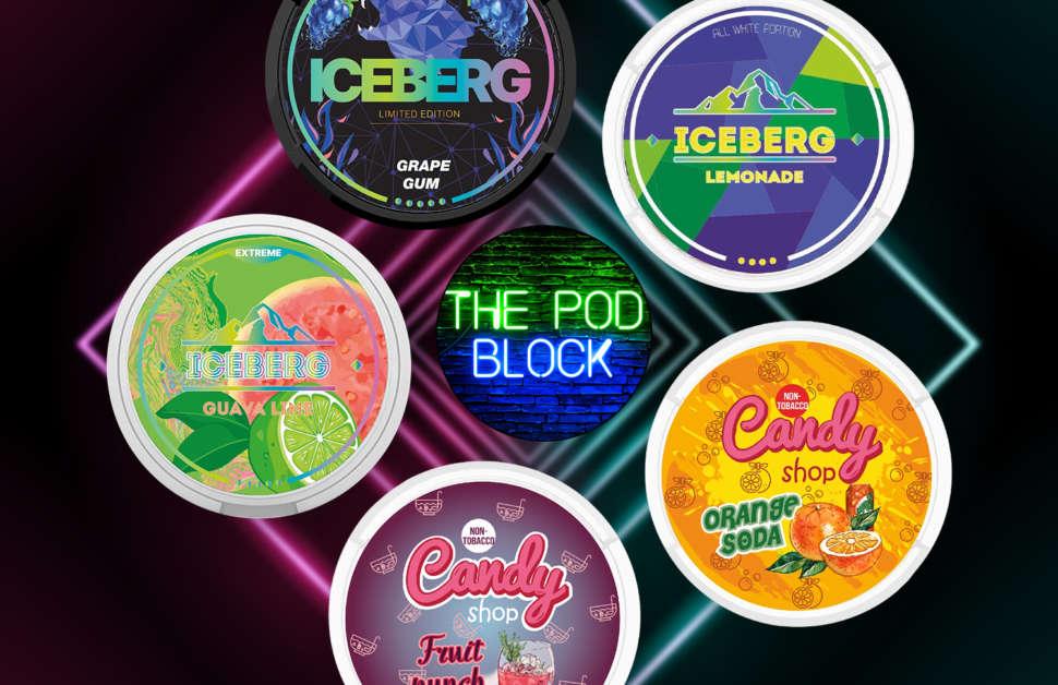 Elite brand collab bundle iceberg candy shop snus nicotine pouches the pod block